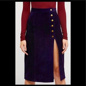 Understated Leather Brass Snap Midi Suede Skirt